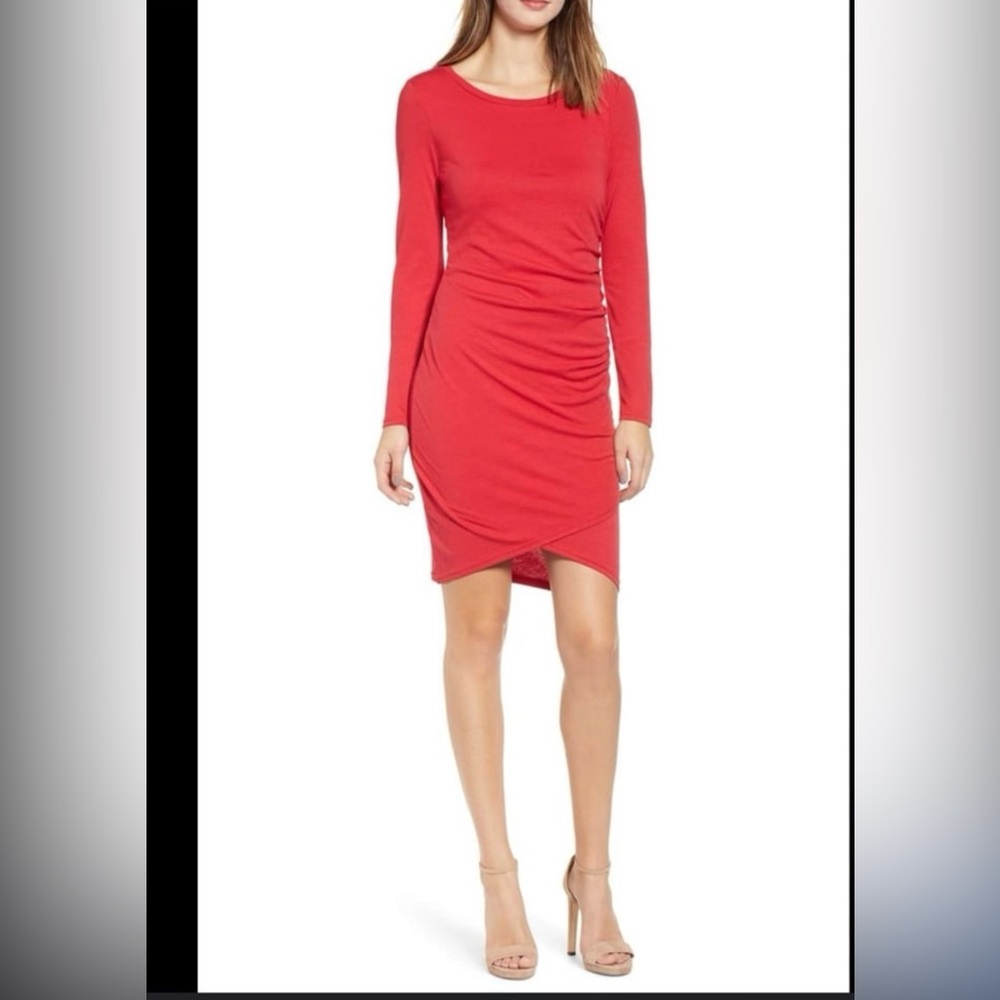 Leith Red Ruched Long Sleeve Bodycon Dress | Nordstrom